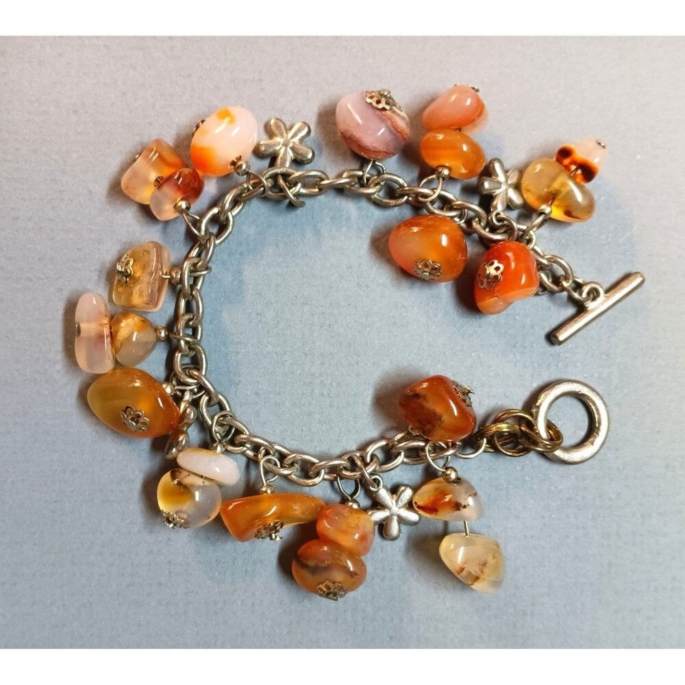 Carnelian Stone Charm Bracelet With Silver-Tone Chain & Floral Accents